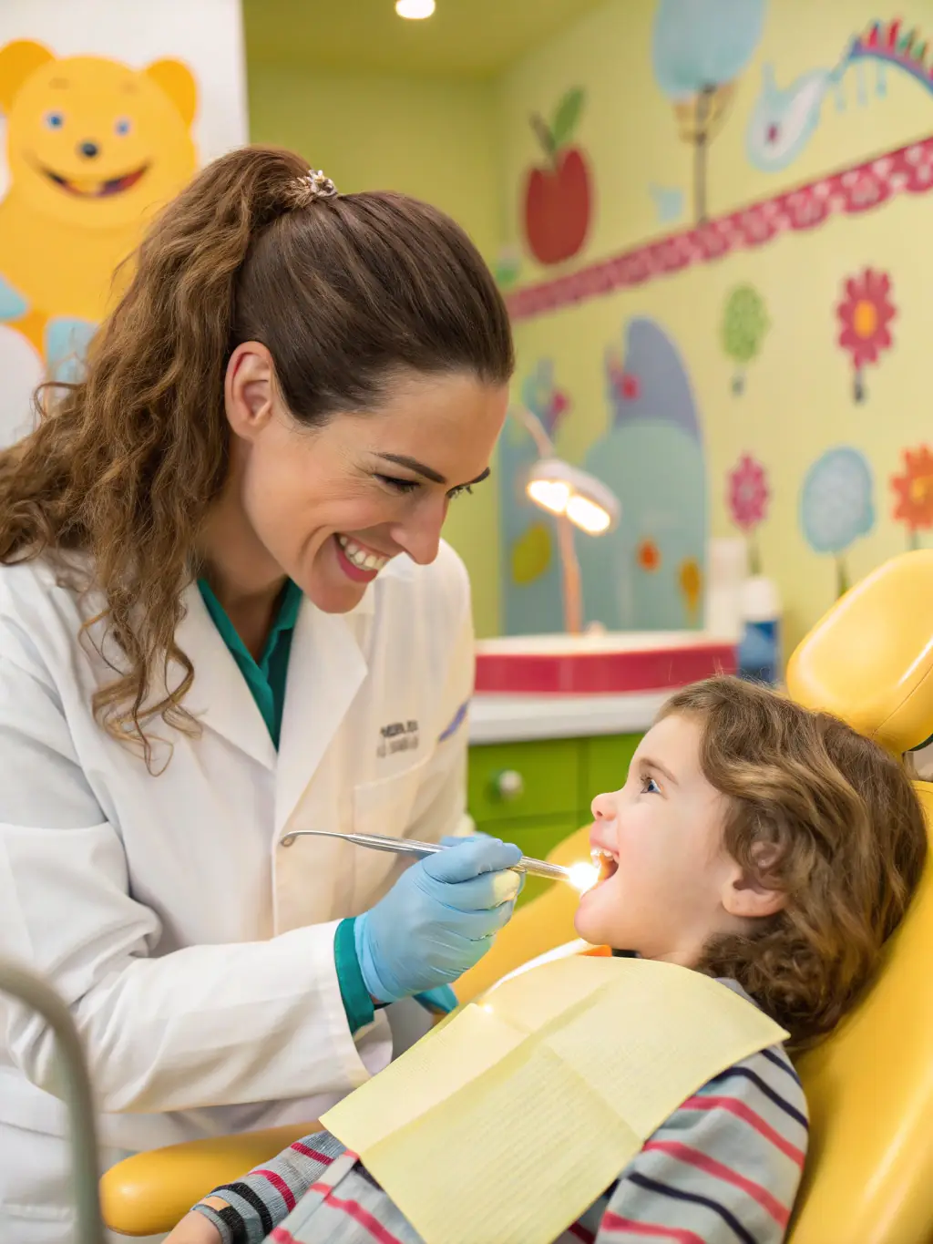 A dentist performing a routine dental cleaning on a young patient, emphasizing the clinic's commitment to preventative care for all ages.