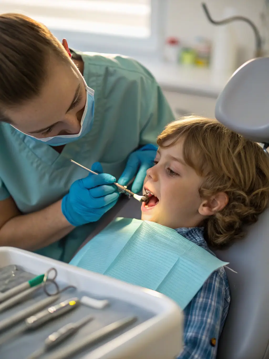 A close-up shot of a dentist using advanced technology to perform a dental filling, showcasing the clinic's use of modern techniques.