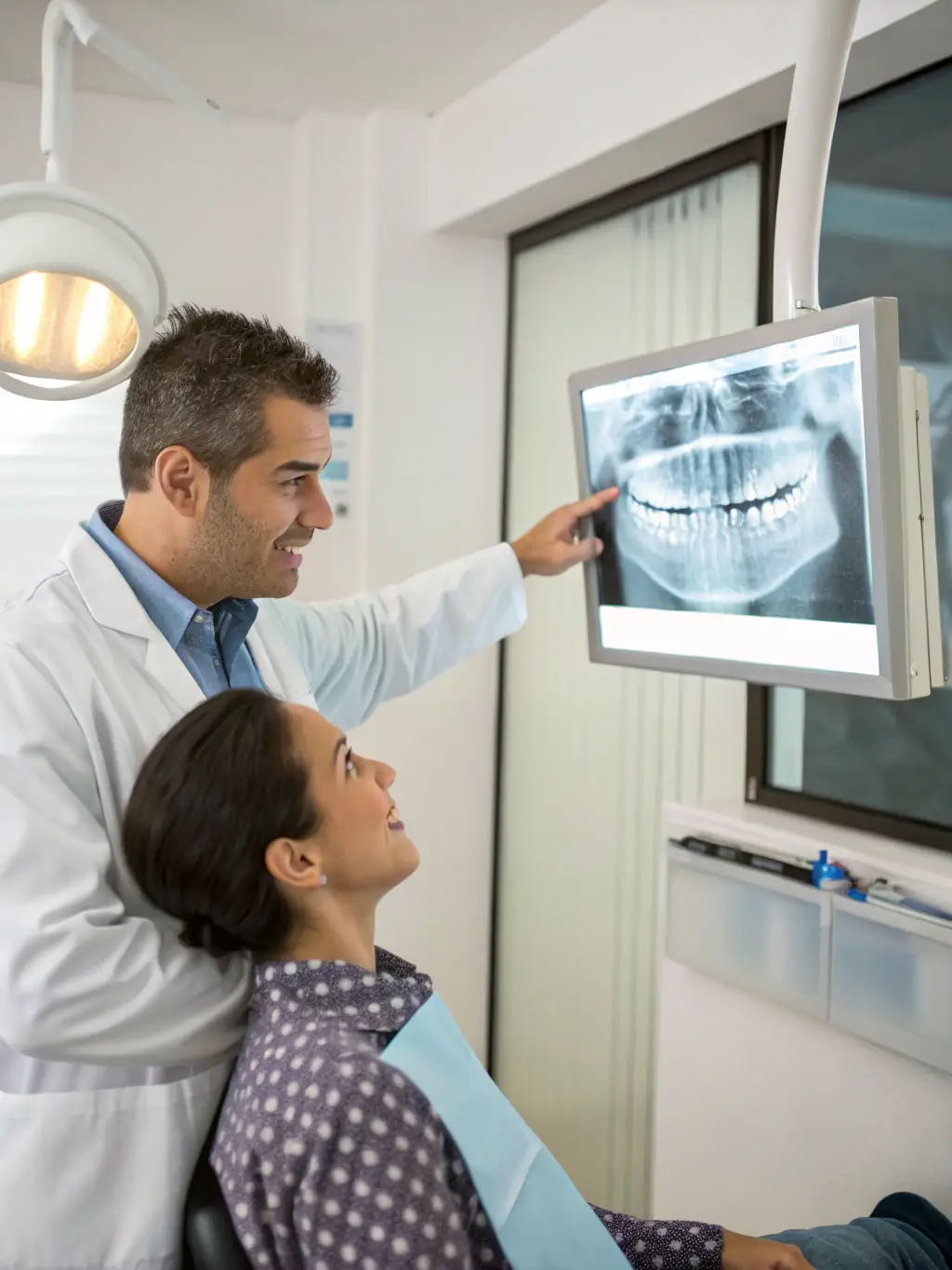 A dentist explaining a treatment plan to a patient using a digital X-ray, emphasizing clear communication and personalized care.